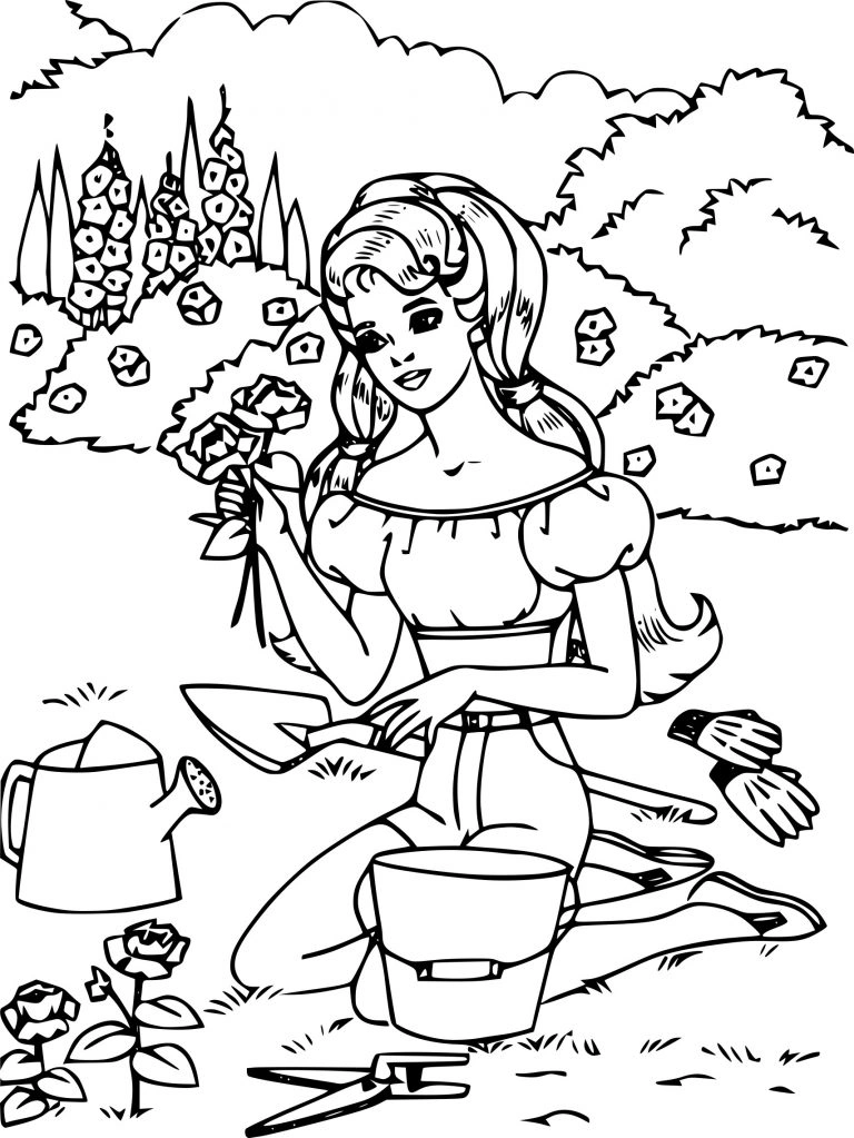 A coloring page of a girl in the garden looking at roses